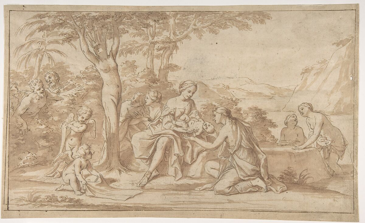 The Birth of Adonis, Marcantonio Franceschini (Italian, Bologna 1648–1729 Bologna), Pen and brown ink, brush and brown wash 