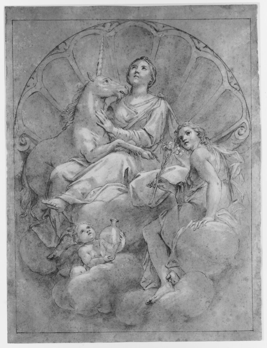 Allegorical Figure of Purity with a Unicorn, Marcantonio Franceschini (Italian, Bologna 1648–1729 Bologna), Pen and brown ink, brush and gray wash, highlighted with white, over black chalk, on brown-washed paper