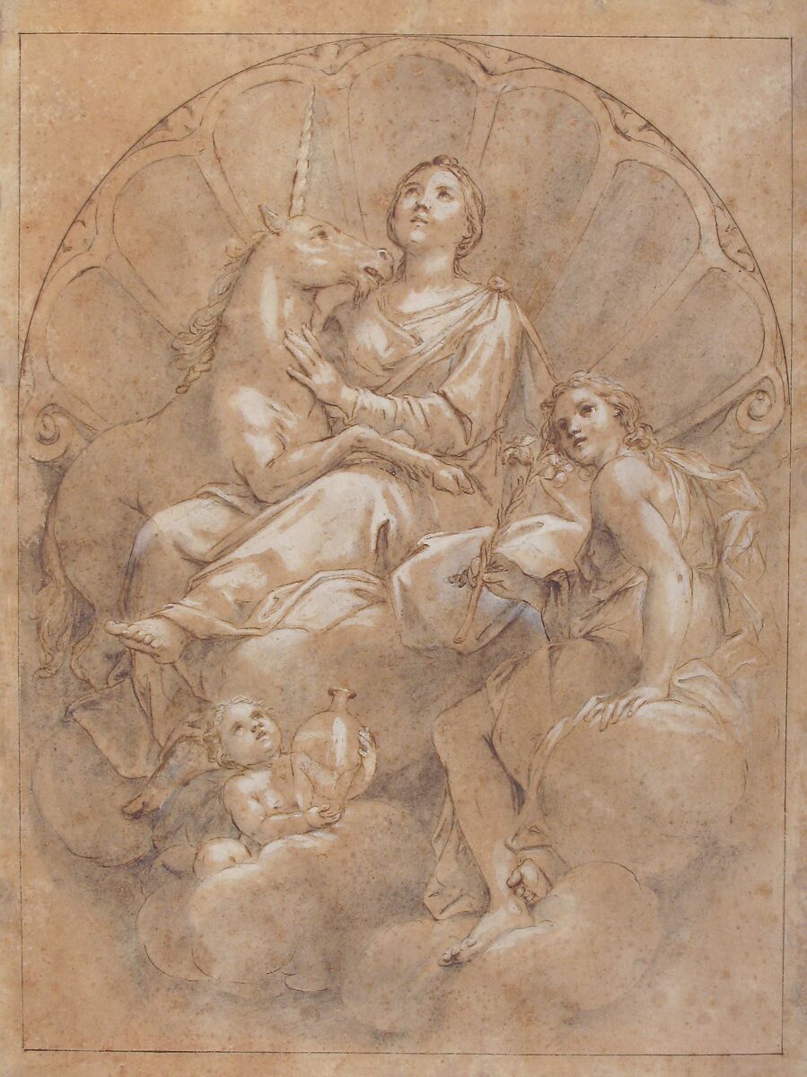 Allegorical Figure of Purity with a Unicorn, Marcantonio Franceschini (Italian, Bologna 1648–1729 Bologna), Pen and brown ink, brush and gray wash, highlighted with white, over black chalk, on brown-washed paper