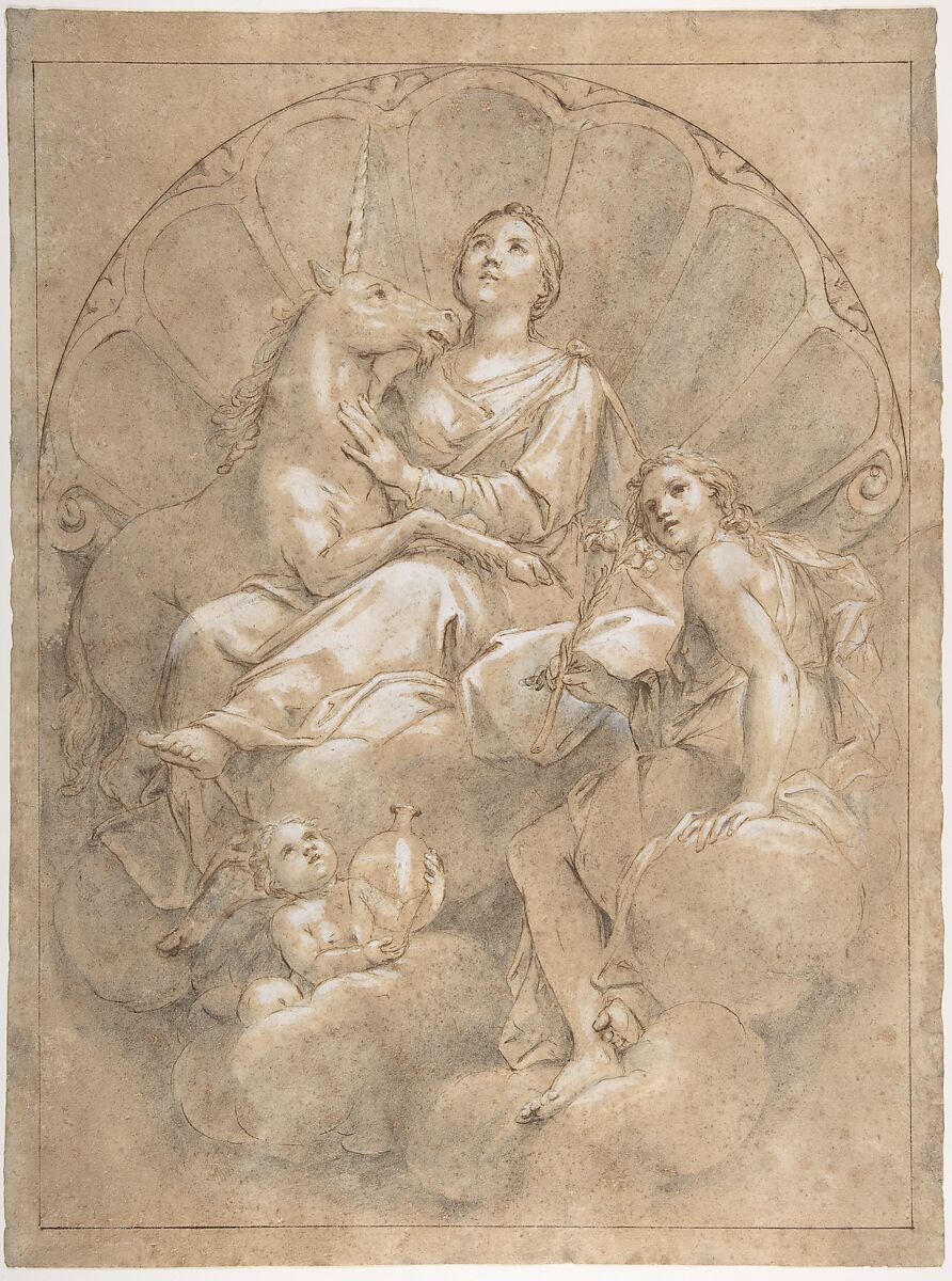 Allegorical Figure of Purity with a Unicorn, Marcantonio Franceschini (Italian, Bologna 1648–1729 Bologna), Pen and brown ink, brush and gray wash, highlighted with white, over black chalk, on brown-washed paper 