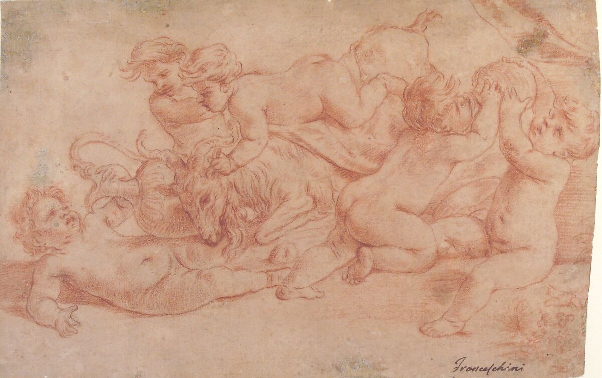 Five Putti Playing with a Goat (Bacchanalia), Carlo Cignani (Italian, Bologna 1628–1719 Forlì), Red chalk