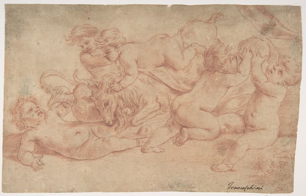 Five Putti Playing with a Goat (Bacchanalia), Carlo Cignani (Italian, Bologna 1628–1719 Forlì), Red chalk 