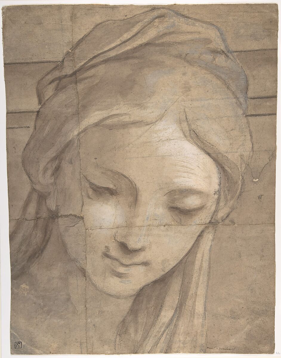 Head of a Young Woman in Three-Quarter View Facing Left, Carlo Cignani (Italian, Bologna 1628–1719 Forlì), Brush and brown wash, highlighted with white and cream gouache (partly oxidized), over a preliminary freehand and ruled underdrawing in charcoal, outlines stylus-incised for transfer, on four glued sheets of light tan paper with deckled borders.  Traces of framing outlines stylus-ruled along upper, right, and bottom borders 