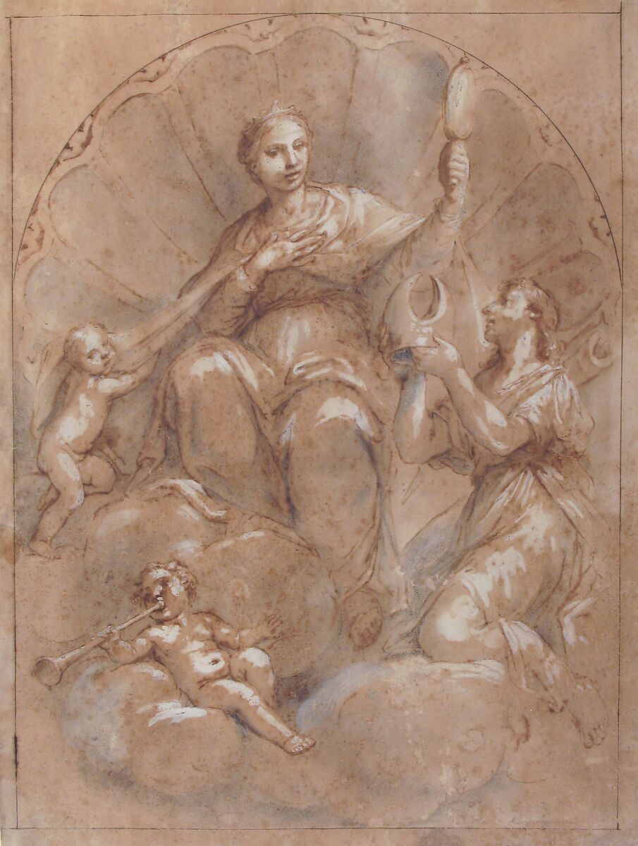 Allegorical Figure of Faith, Marcantonio Franceschini (Italian, Bologna 1648–1729 Bologna), Pen and brown ink, brush and gray wash, highlighted with white, on brown washed paper