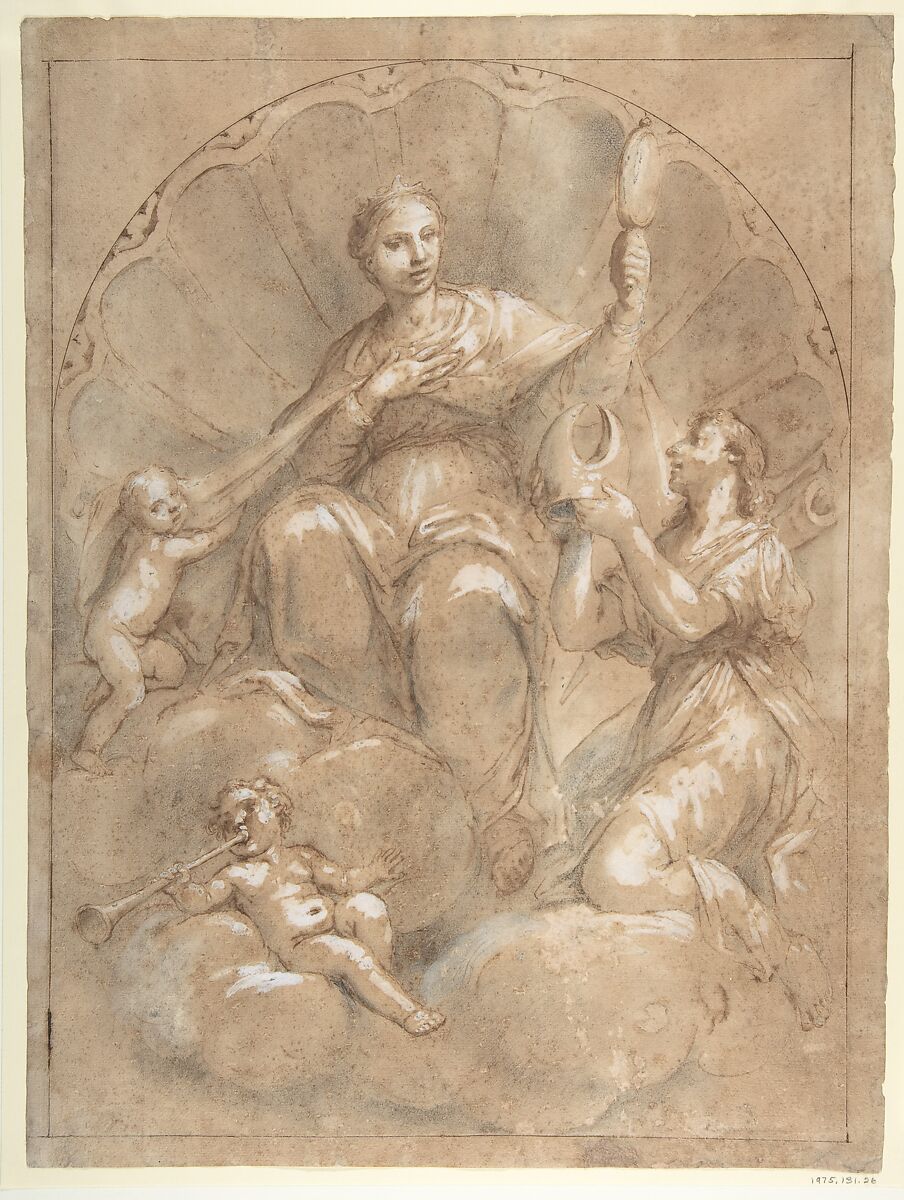 Allegorical Figure of Faith, Marcantonio Franceschini (Italian, Bologna 1648–1729 Bologna), Pen and brown ink, brush and gray wash, highlighted with white, on brown washed paper 
