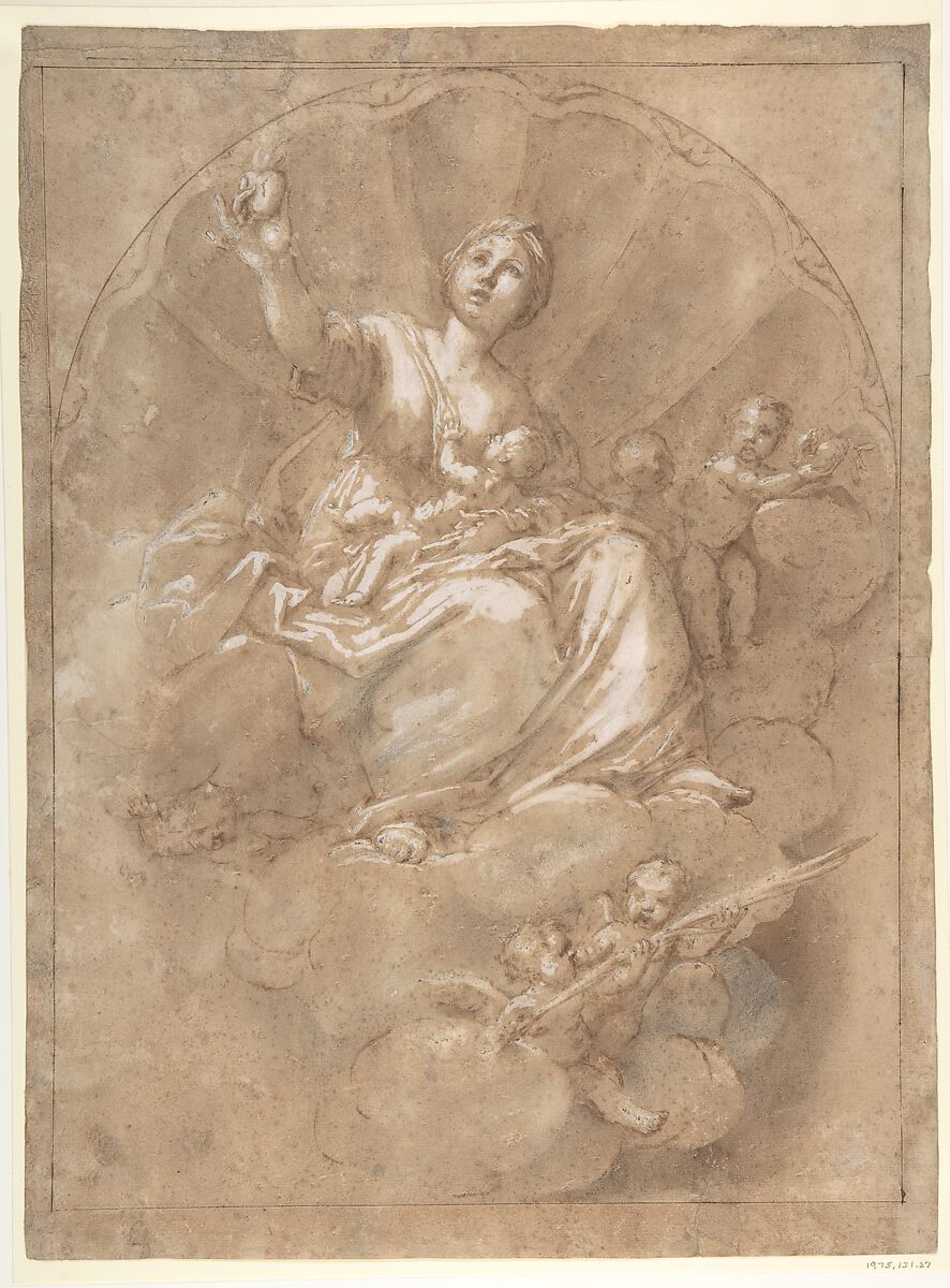Allegorical Figure of Charity, Marcantonio Franceschini (Italian, Bologna 1648–1729 Bologna), Pen and brown ink, brush and gray wash, highlighted with white, on brown washed paper 