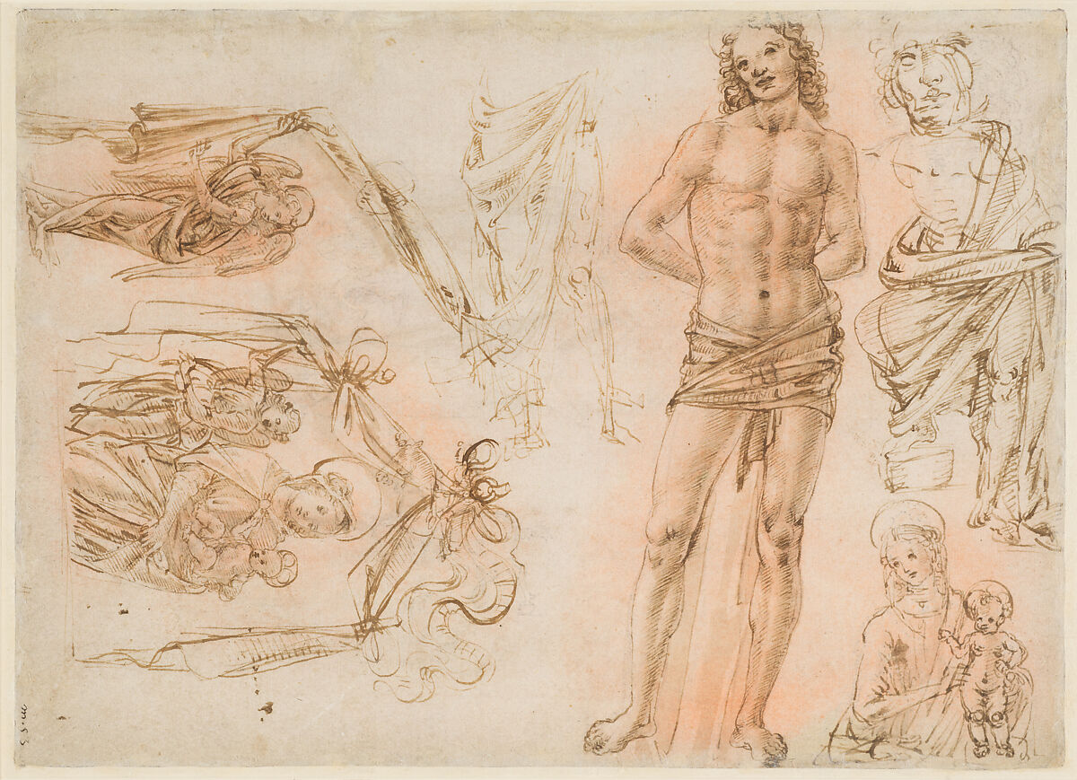 Sketches of Figures of the Virgin Kneeling, Saint Peter Standing, Seated Allegorical Figures of Faith and Charity, and Child Standing on a Corbel (?) (recto); Sketches of Figures of Saint Sebastian Standing and the Virgin and Child with Angels (verso), Attributed to Francesco di Simone Ferrucci (Italian, Fiesole 1437–1493 Florence), Pen and brown ink, over leadpoint or black chalk, on rose-washed paper