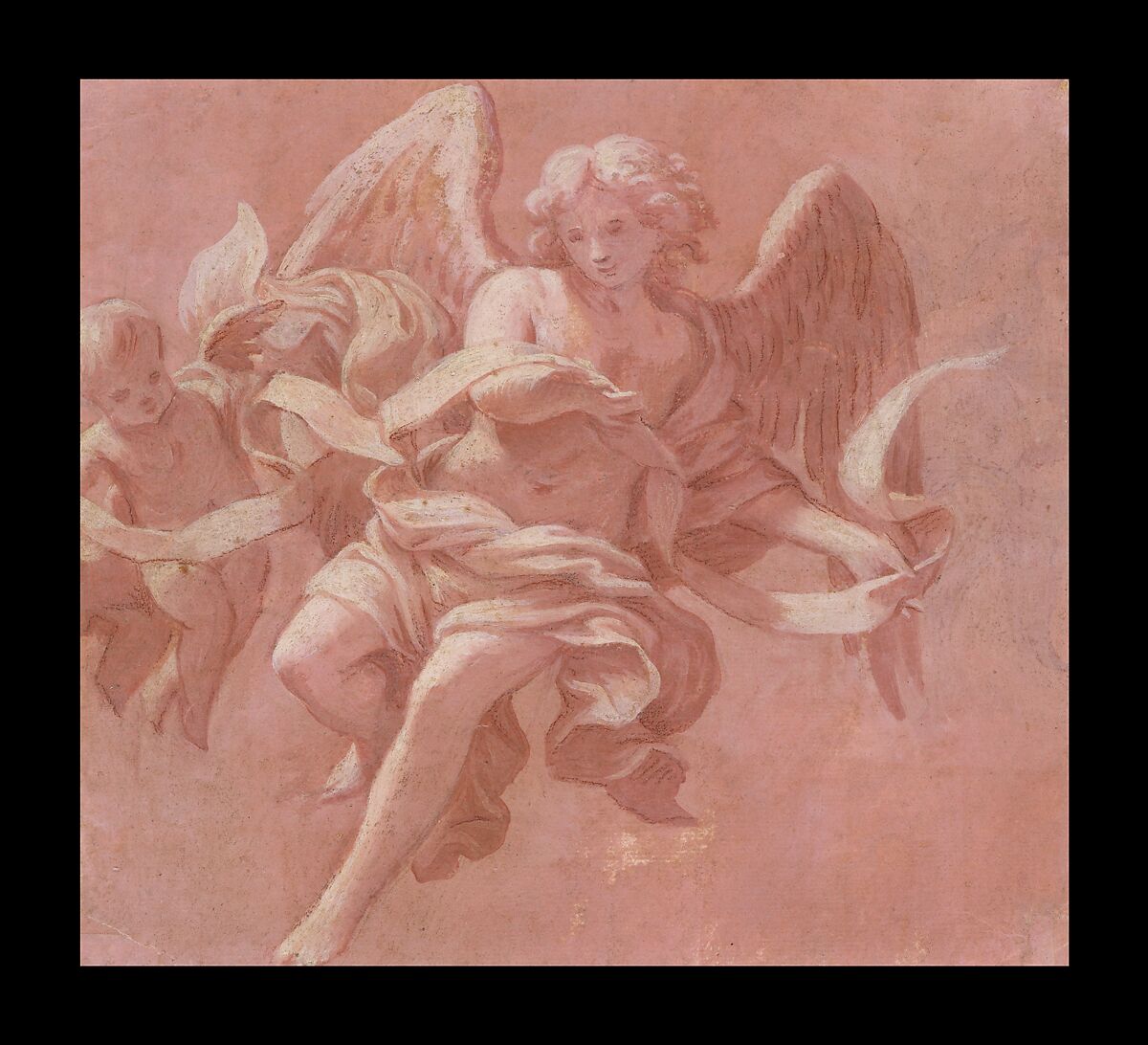 Putto and Angel Holding a Banderole, Antonio Franchi (Il Lucchese) (Italian, Villa Basilica near Lucca 1638–1709 Florence), Brush and pink and white tempera, over red chalk