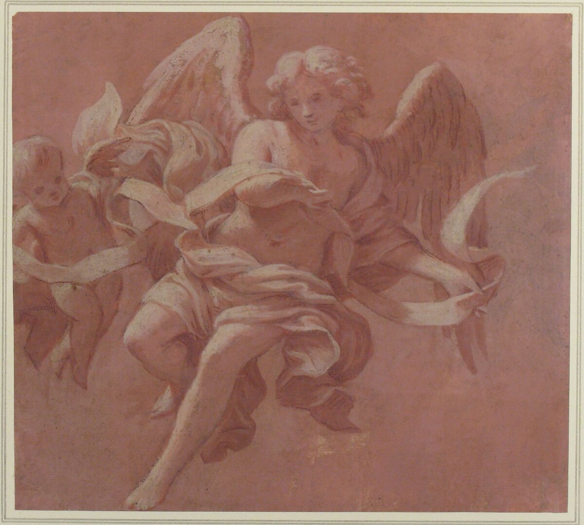 Putto and Angel Holding a Banderole, Antonio Franchi (Il Lucchese) (Italian, Villa Basilica near Lucca 1638–1709 Florence), Brush and pink and white tempera, over red chalk