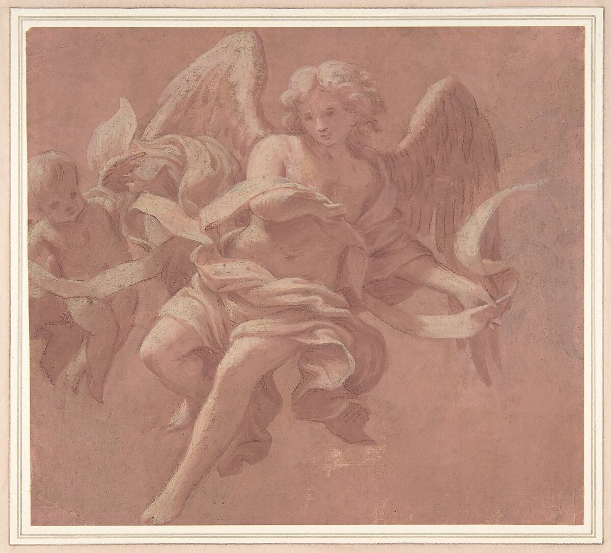 Putto and Angel Holding a Banderole, Antonio Franchi (Il Lucchese) (Italian, Villa Basilica near Lucca 1638–1709 Florence), Brush and pink and white tempera, over red chalk, on brownish paper 