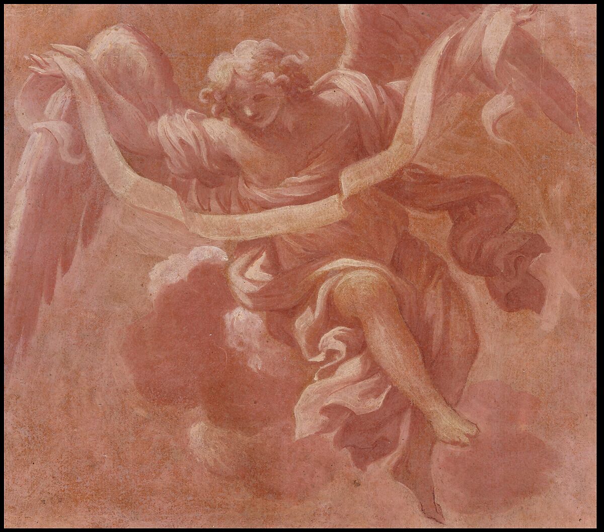 Angel Holding a Banderole, Antonio Franchi (Il Lucchese) (Italian, Villa Basilica near Lucca 1638–1709 Florence), Brush and pink and white tempera, over red chalk, on brownish paper (recto); red chalk tracing of the angel done from the recto (verso)
