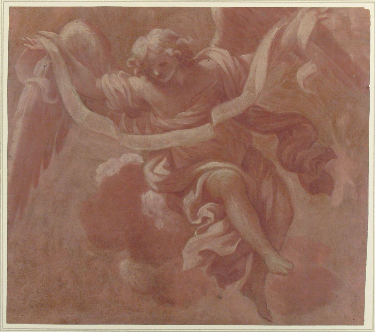 Angel Holding a Banderole, Antonio Franchi (Il Lucchese) (Italian, Villa Basilica near Lucca 1638–1709 Florence), Brush and pink and white tempera, over red chalk, on brownish paper (recto); red chalk tracing of the angel done from the recto (verso)