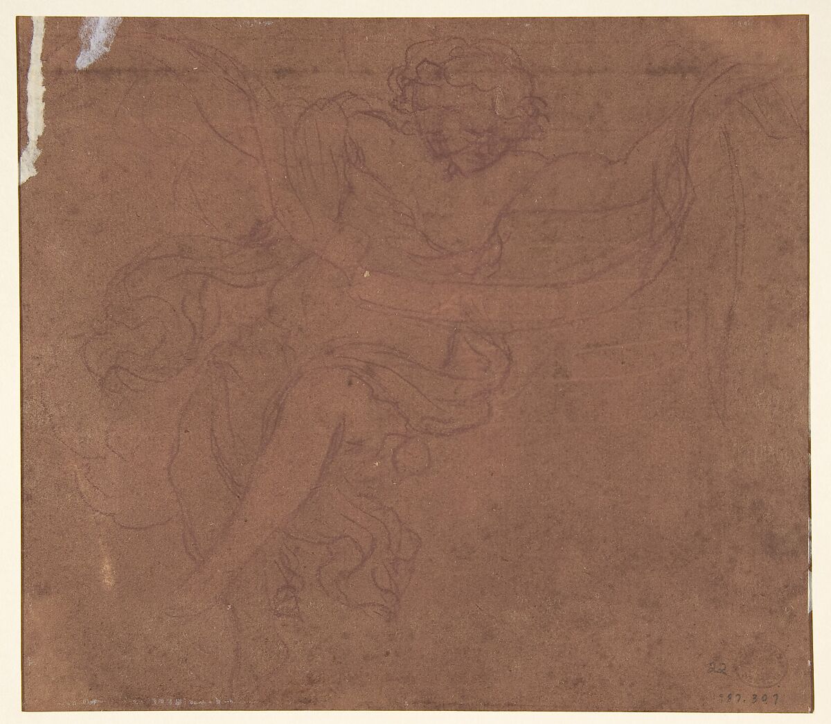 Angel Holding a Banderole, Antonio Franchi (Il Lucchese) (Italian, Villa Basilica near Lucca 1638–1709 Florence), Brush and pink and white tempera, over red chalk, on brownish paper (recto); red chalk tracing of the angel done from the recto (verso)
