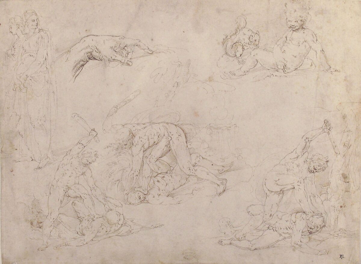 Figure Studies: Three Sketches of Cain Killing Abel, with an Altar of Sacrifice at Center, Two Standing Women, a Hand, and a Seated Child with a Squirrel, Battista Franco (Italian, Venice ca. 1510–1561 Venice), Pen and brown ink