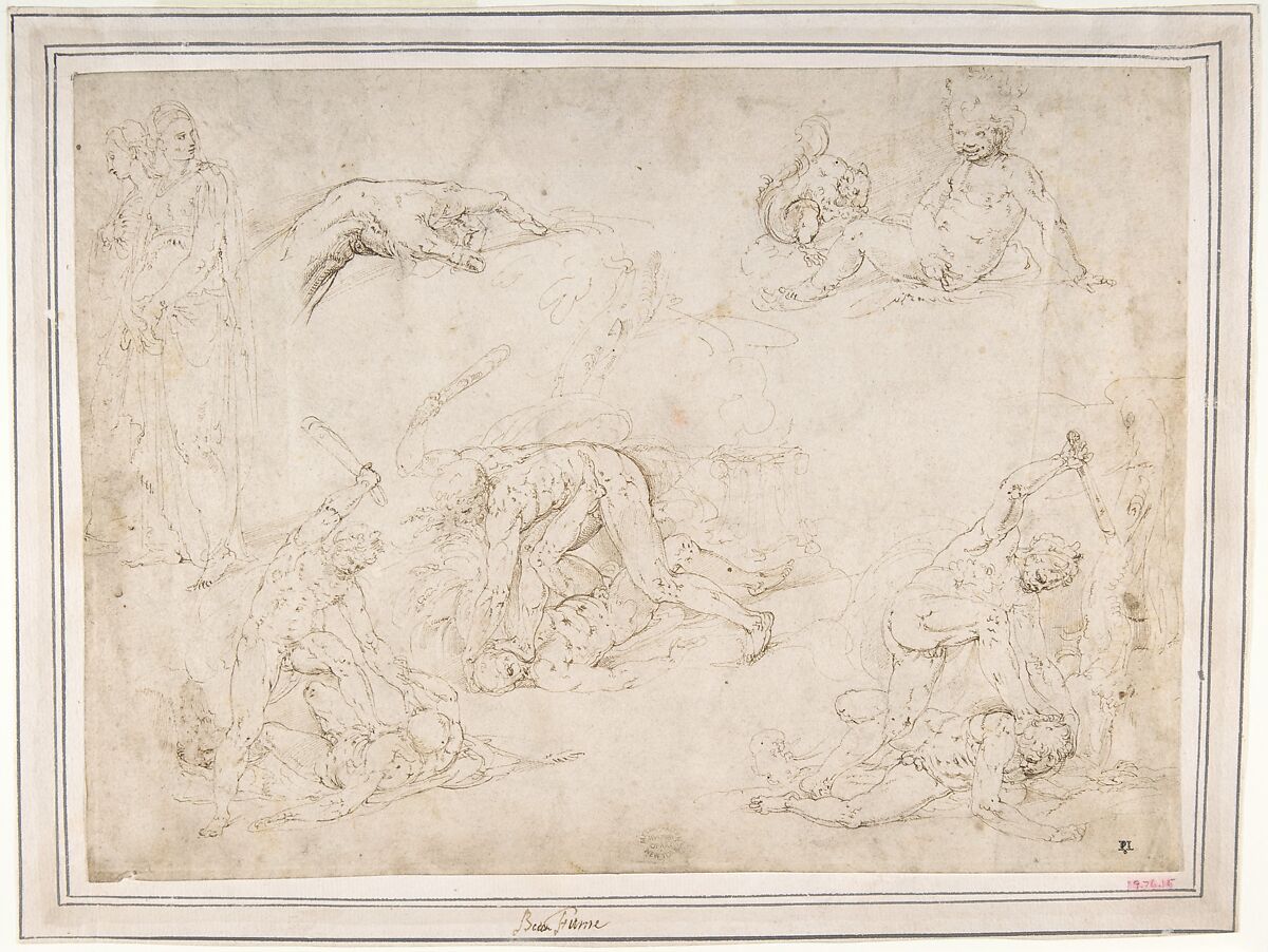 Figure Studies: Three Sketches of Cain Killing Abel, with an Altar of Sacrifice at Center, Two Standing Women, a Hand, and a Seated Child with a Squirrel, Battista Franco (Italian, Venice ca. 1510–1561 Venice), Pen and brown ink. 