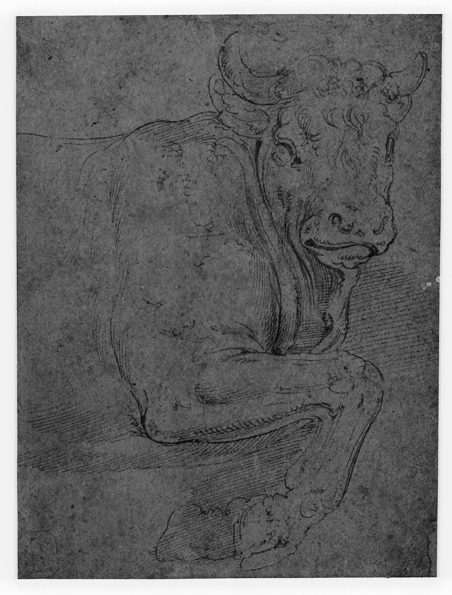 Head and Front Quarters of a Bull, Battista Franco (Italian, Venice ca. 1510–1561 Venice), Pen and brown ink, on beige paper