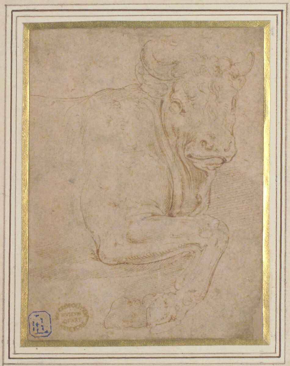 Head and Front Quarters of a Bull, Battista Franco (Italian, Venice ca. 1510–1561 Venice), Pen and brown ink, on beige paper