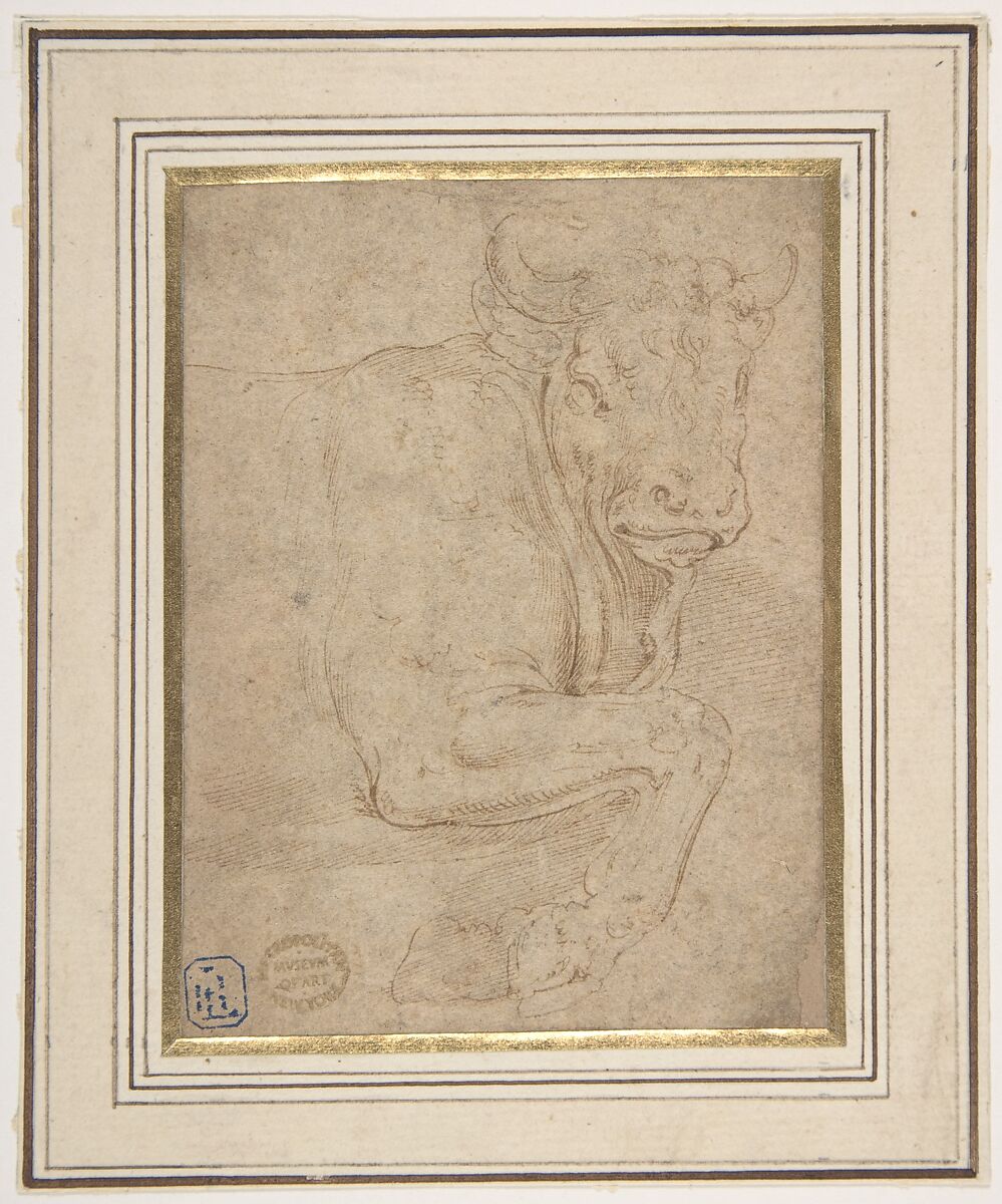 Head and Front Quarters of a Bull, Battista Franco (Italian, Venice ca. 1510–1561 Venice), Pen and brown ink, on beige paper 