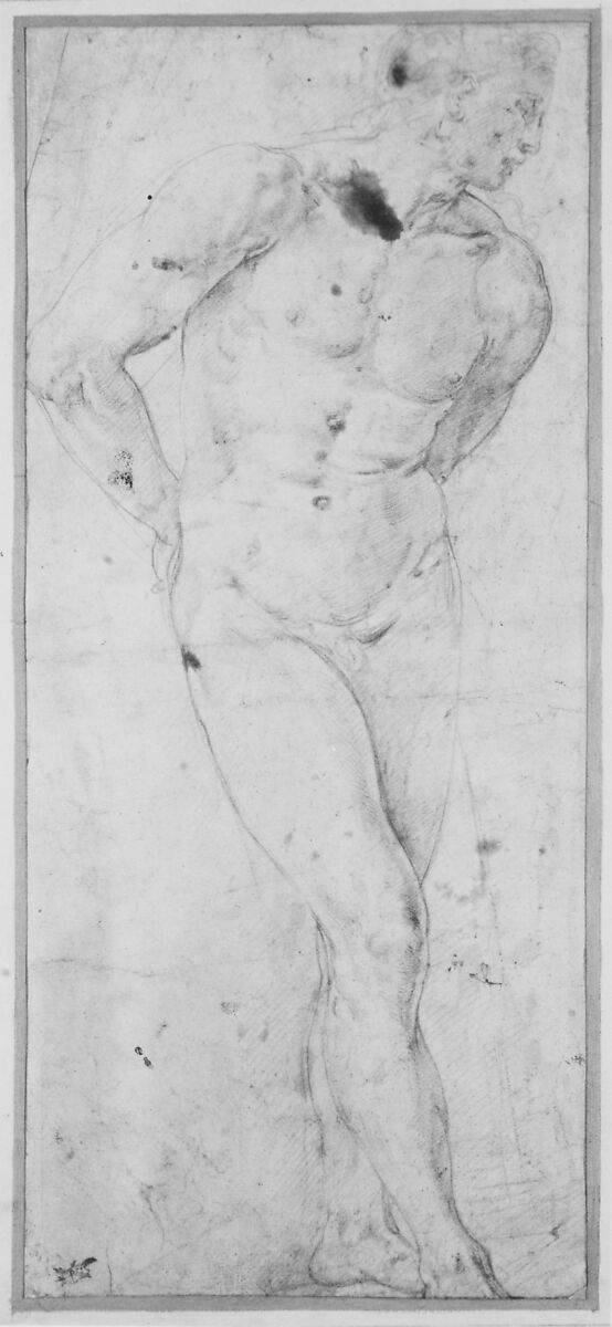 Standing Male Nude with Hands behind Back, Battista Franco (Italian, Venice ca. 1510–1561 Venice), Red chalk