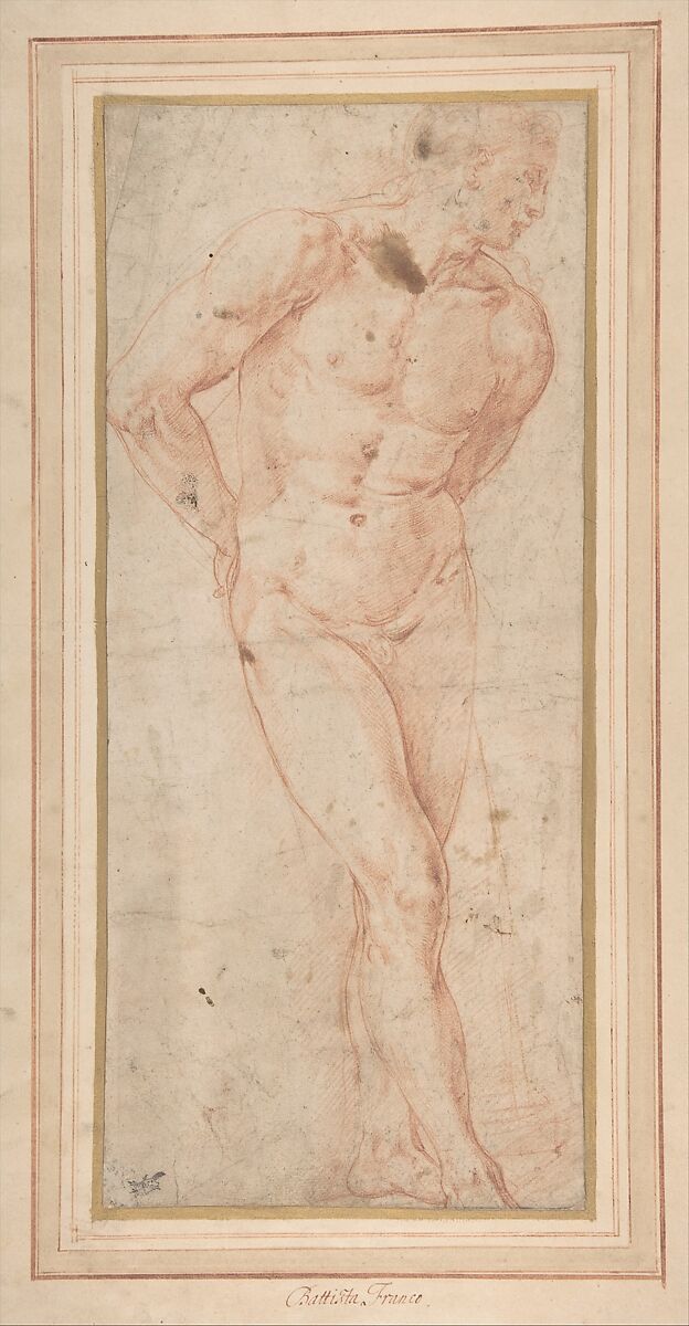 Standing Male Nude with Hands behind Back, Battista Franco (Italian, Venice ca. 1510–1561 Venice), Red chalk 
