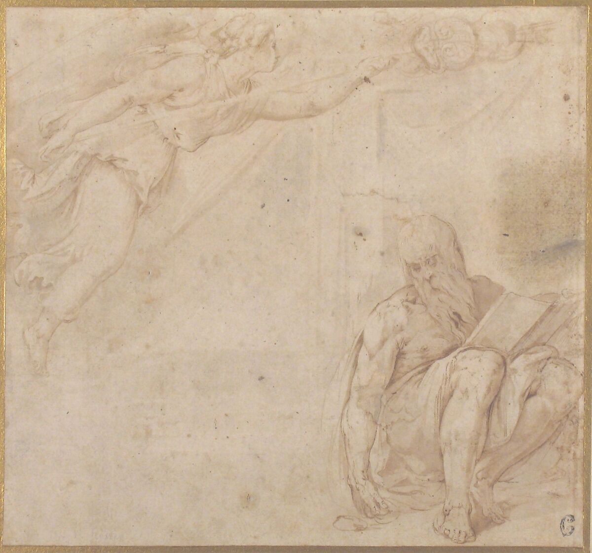 Allegory with a Flying Victory and a Seated Bearded Man with a Book, Battista Franco (Italian, Venice ca. 1510–1561 Venice), Pen and brown ink, brush and brown wash