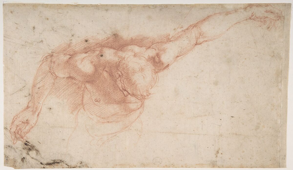 Half Figure of a Youth with Outstretched Left Arm and Bowed Head (recto); Two Women, One Holding a Vase, the Other a Book, and a Seated Man (verso), Battista Franco (Italian, Venice ca. 1510–1561 Venice), Red chalk (recto); pen and brown ink (verso) (the ink of this latter study has bled through at lower left of recto) 
