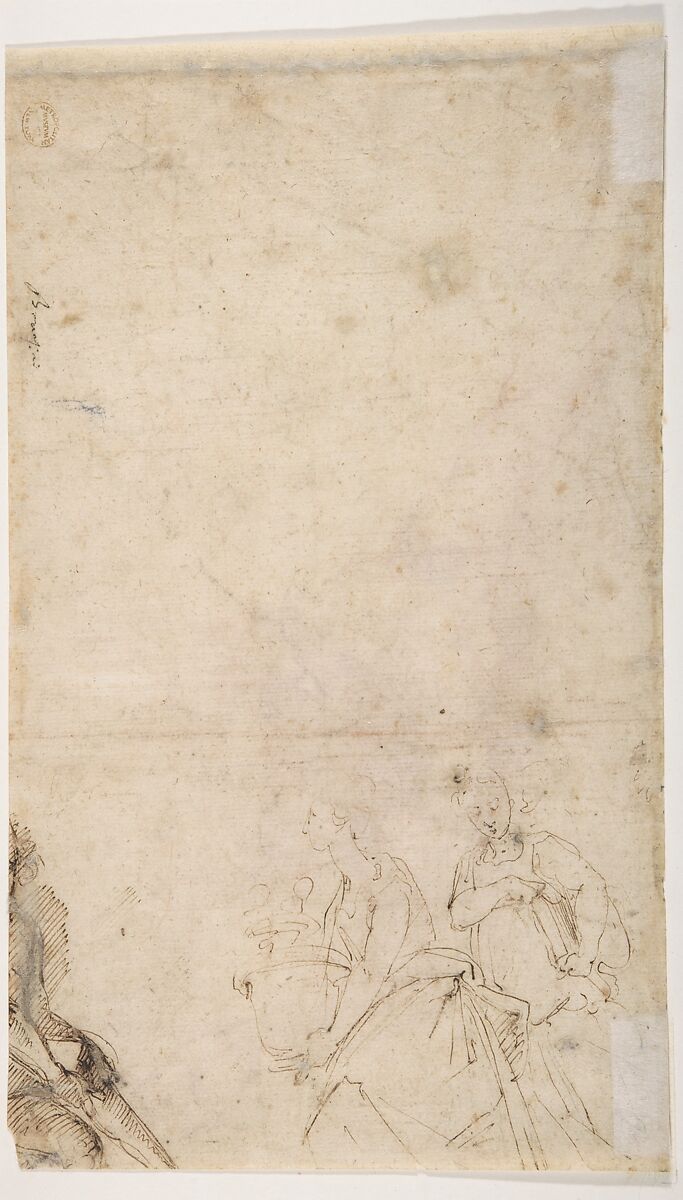Half Figure of a Youth with Outstretched Left Arm and Bowed Head (recto); Two Women, One Holding a Vase, the Other a Book, and a Seated Man (verso), Battista Franco (Italian, Venice ca. 1510–1561 Venice), Red chalk (recto); pen and brown ink (verso) (the ink of this latter study has bled through at lower left of recto)