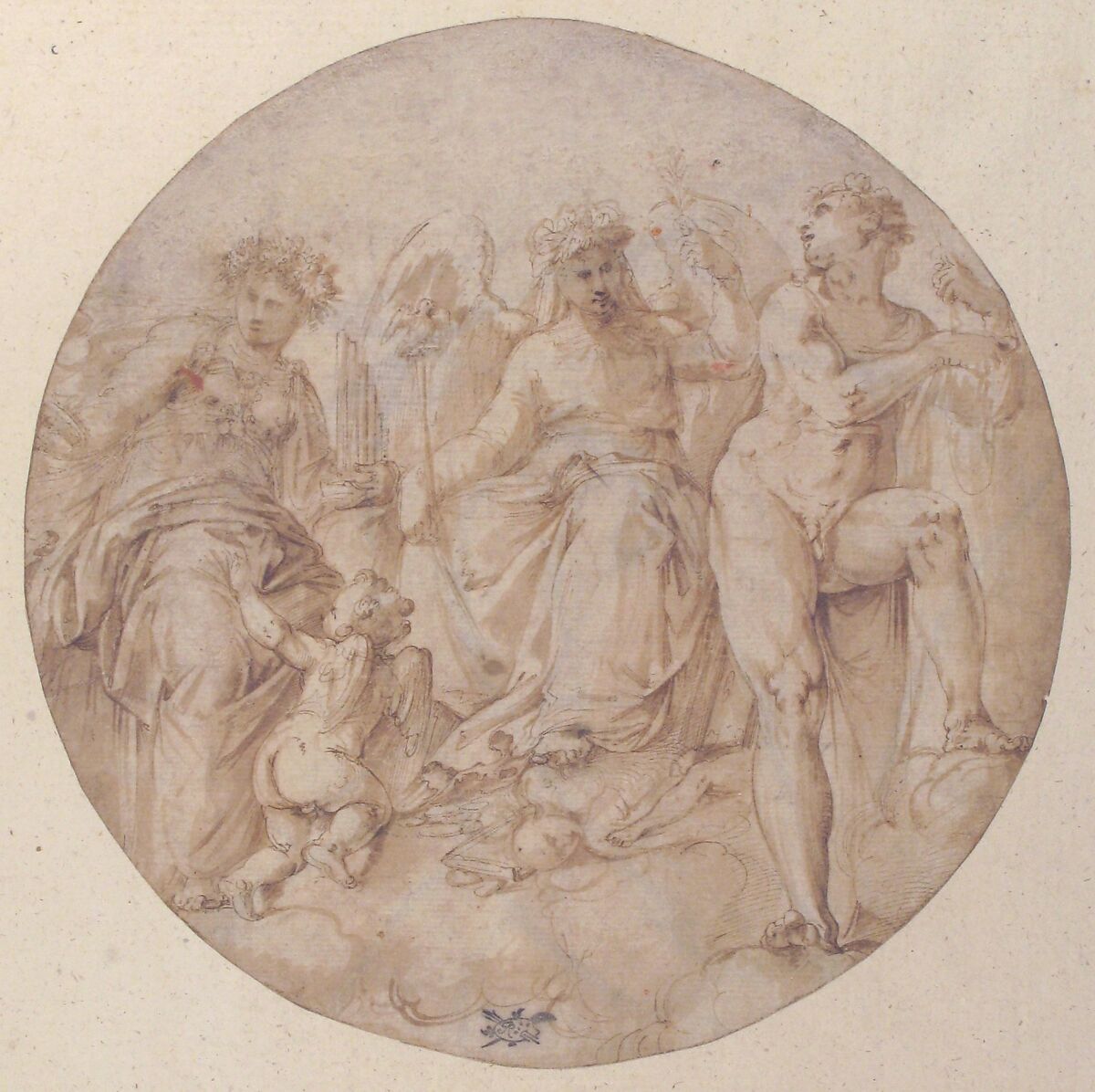 Three Allegorical Figures in a Roundel, Battista Franco (Italian, Venice ca. 1510–1561 Venice), Pen and brown ink, brush and brown wash (recto); black chalk lines (verso)