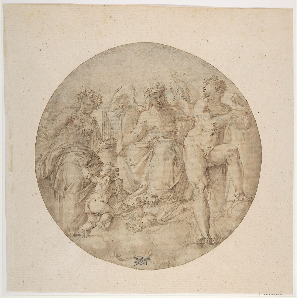 Three Allegorical Figures in a Roundel, Battista Franco (Italian, Venice ca. 1510–1561 Venice), Pen and brown ink, brush and brown wash (recto); black chalk lines (verso) 