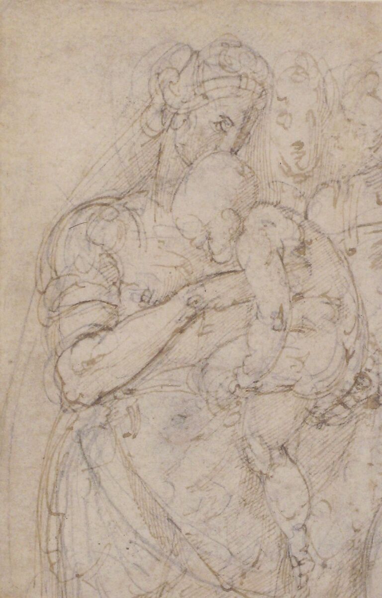 Standing Virgin with Child, Two Heads at Upper Right (recto); Sketch of Steps (verso), Battista Franco (Italian, Venice ca. 1510–1561 Venice), Pen and brown ink, over black chalk (recto); pen sketch of steps (?) (verso)