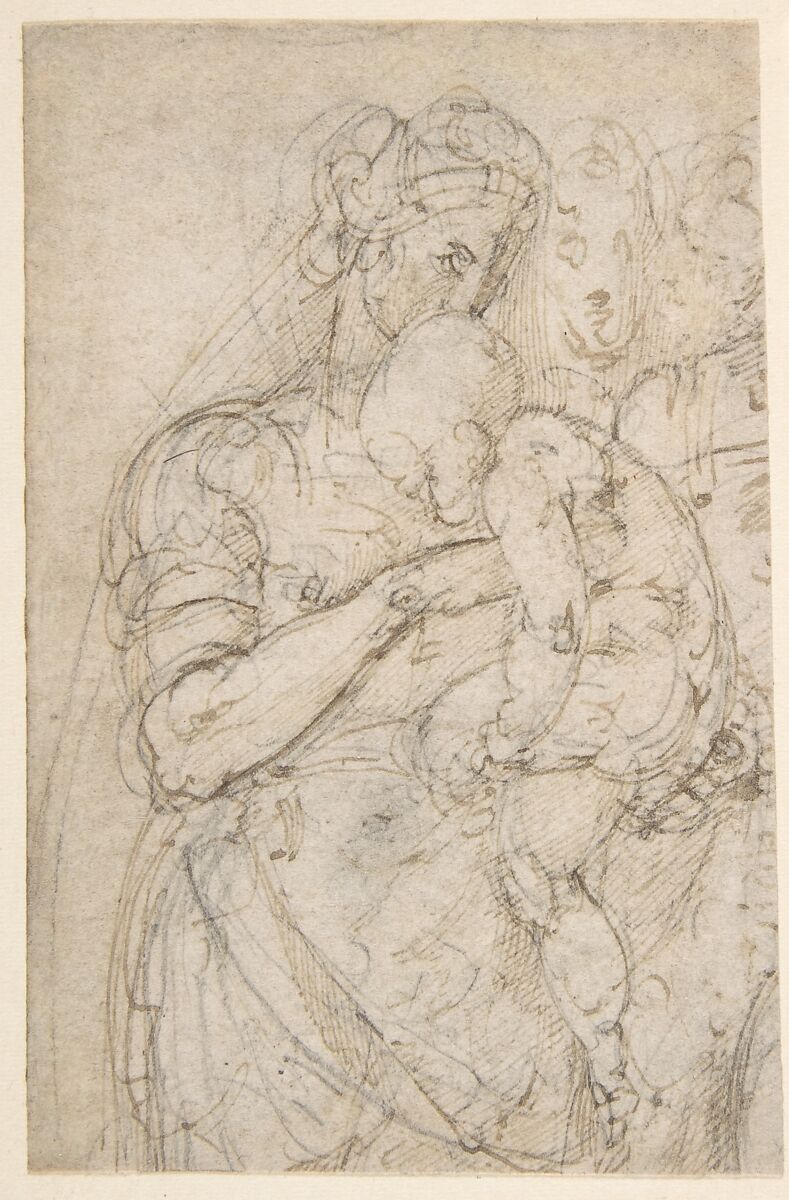 Standing Virgin with Child, Two Heads at Upper Right (recto); Sketch of Steps (verso), Battista Franco (Italian, Venice ca. 1510–1561 Venice), Pen and brown ink, over black chalk (recto); pen sketch of steps (?) (verso) 
