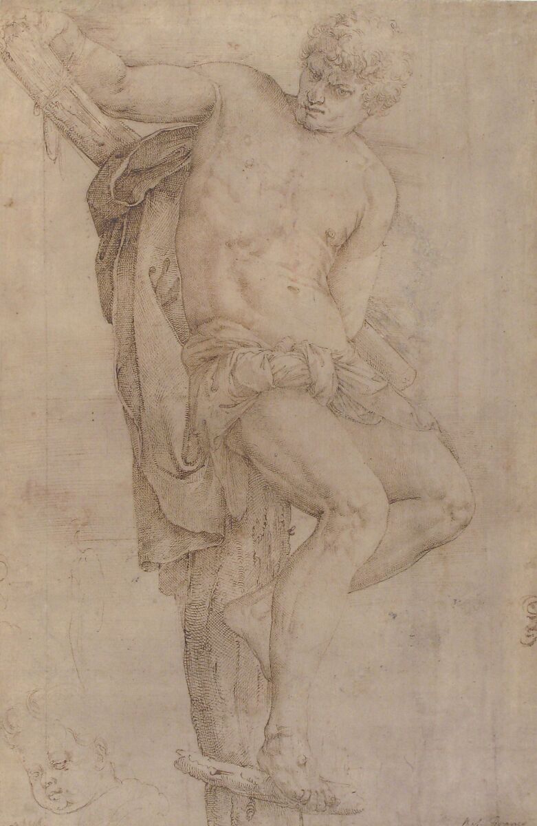 The Unrepentant Thief on the Cross, Study of a Child's Head at Lower Left, and of an Ear at Lower Right Border, Battista Franco (Italian, Venice ca. 1510–1561 Venice), Pen and brown ink