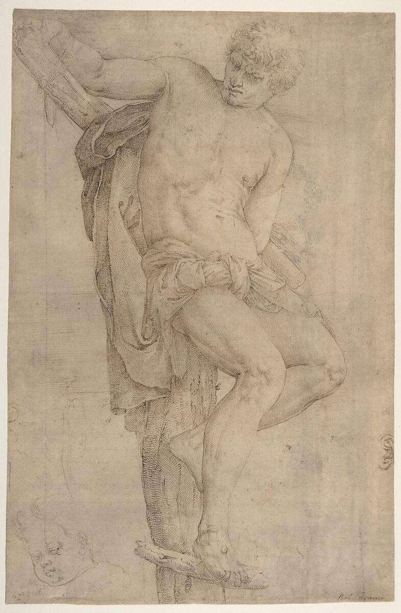 The Unrepentant Thief on the Cross, Study of a Child's Head at Lower Left, and of an Ear at Lower Right Border, Battista Franco (Italian, Venice ca. 1510–1561 Venice), Pen and brown ink 