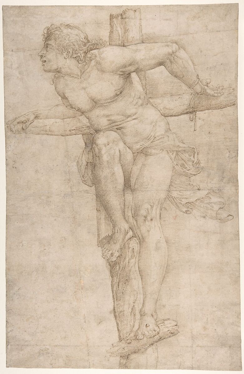 The Penitent Thief on the Cross, Battista Franco (Italian, Venice ca. 1510–1561 Venice), Pen and brown ink; outlines incised for transfer 