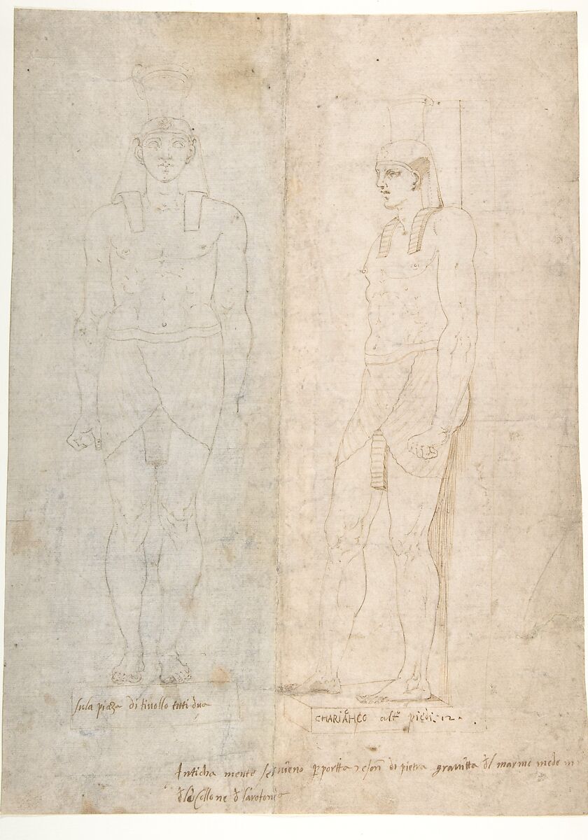 Roman Telamones in the Egyptian Style, Battista Franco (Italian, Venice ca. 1510–1561 Venice), Pen and brown ink, over traces of black chalk