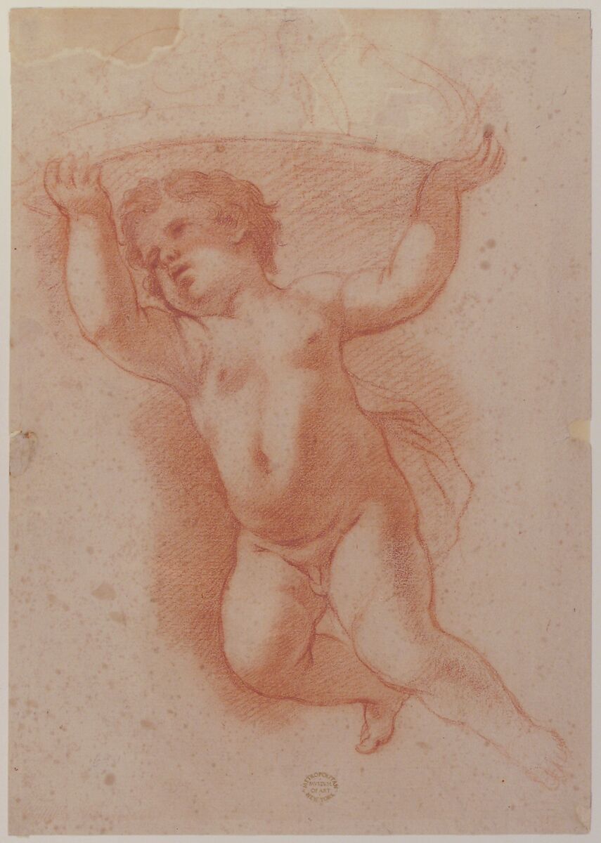 Flying Putto Supporting a Crown, Anton Domenico Gabbiani (Italian, Florence 1652–1726 Florence), Red chalk