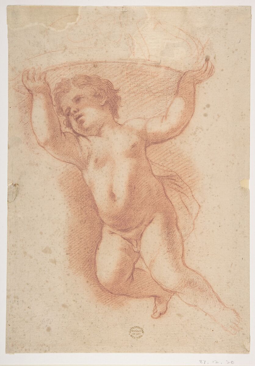 Flying Putto Supporting a Crown, Anton Domenico Gabbiani (Italian, Florence 1652–1726 Florence), Red chalk 