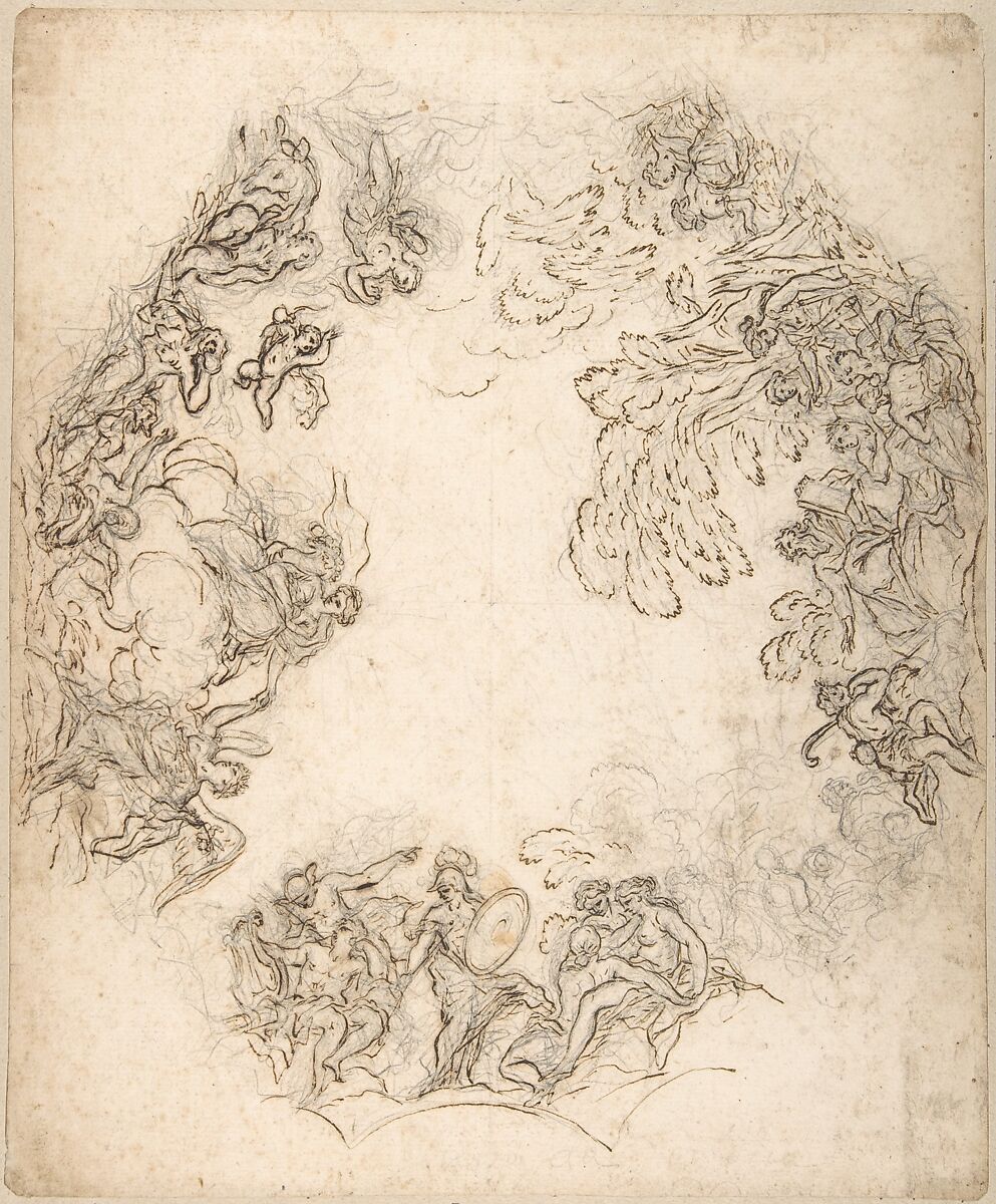 Design for a Ceiling Decoration: A Gathering of Mythological Figures (recto); Dancing Satyr and Two Seated Figures (verso), Anton Domenico Gabbiani (Italian, Florence 1652–1726 Florence), Pen and brown ink, over black chalk (recto); faint red chalk design (verso) 