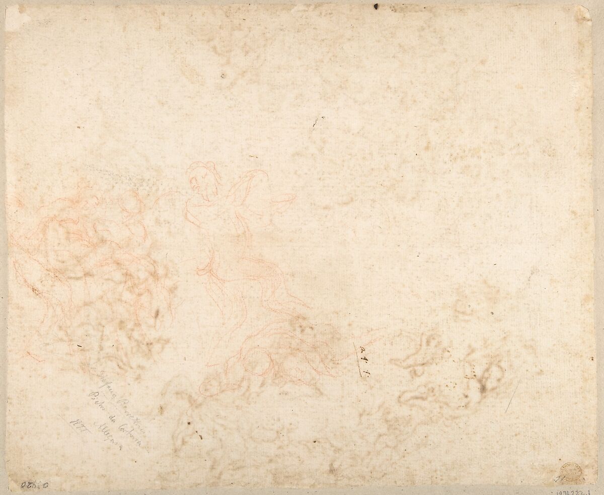 Design for a Ceiling Decoration: A Gathering of Mythological Figures (recto); Dancing Satyr and Two Seated Figures (verso), Anton Domenico Gabbiani (Italian, Florence 1652–1726 Florence), Pen and brown ink, over black chalk (recto); faint red chalk design (verso)