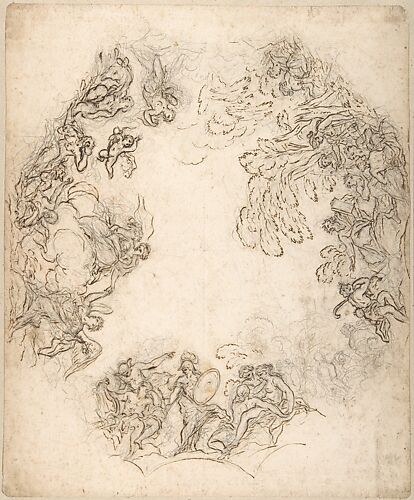 Design for a Ceiling Decoration: A Gathering of Mythological Figures (recto); Dancing Satyr and Two Seated Figures (verso)