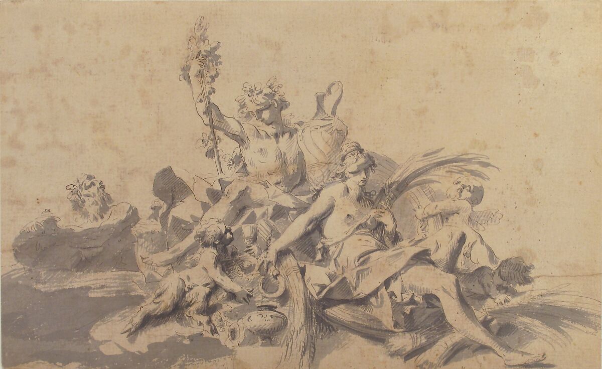 Bacchus and Ceres Attended by Putti and a Marine Deity, Sebastiano Galeotti (Italian, Florence 1676–1741/46 Mondovì), Pen and black ink, brush and gray wash, on beige paper