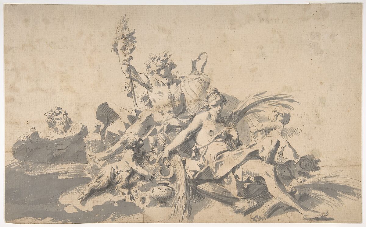 Bacchus and Ceres Attended by Putti and a Marine Deity, Sebastiano Galeotti  Italian, Pen and black ink, brush and gray wash, on beige paper