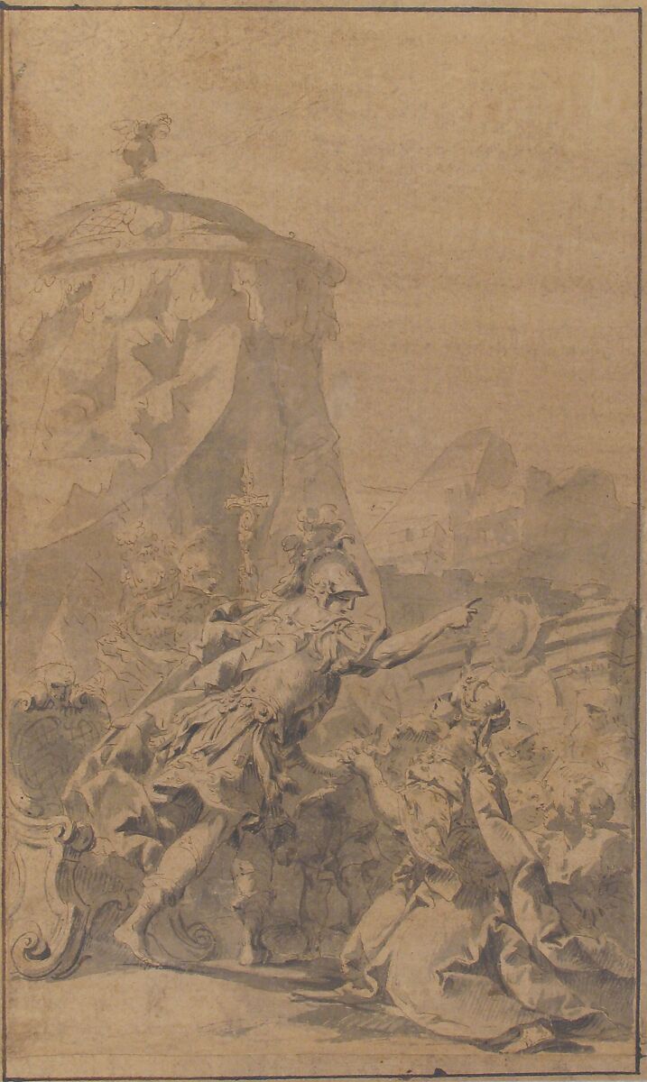 Hector's Farewell to Andromache and Astyanax, Sebastiano Galeotti (Italian, Florence 1676–1741/46 Mondovì), Pen and brown ink, brush and gray wash, highlighted with white, on brown washed paper