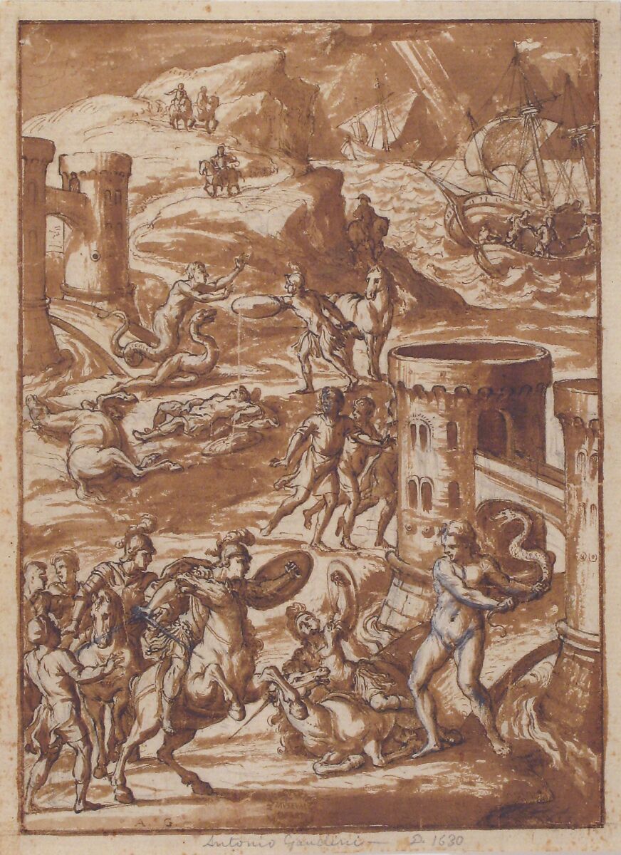 Mythological Scene, attributed to Antonio Gandini (Italian, documented Trento 1602–1630 Ronchi), Pen and brown ink, brush and brown wash, over black chalk