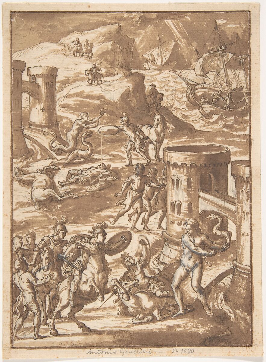 Mythological Scene, attributed to Antonio Gandini (Italian, documented Trento 1602–1630 Ronchi), Pen and brown ink, brush and brown wash, over black chalk 