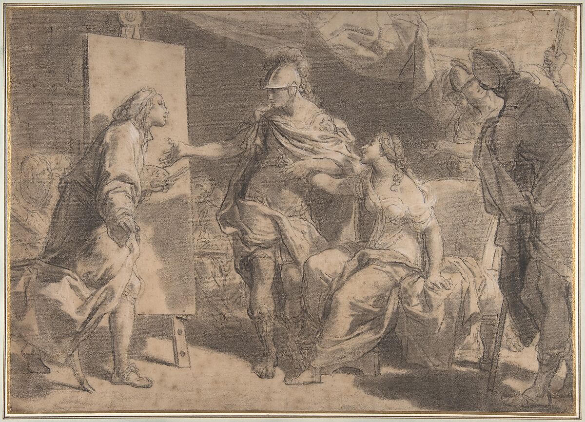 Alexander the Great Offering His Concubine Campaspe to the Painter Apelles, Gaetano Gandolfi  Italian, Black chalk (stumped), highlighted with white, on brownish paper