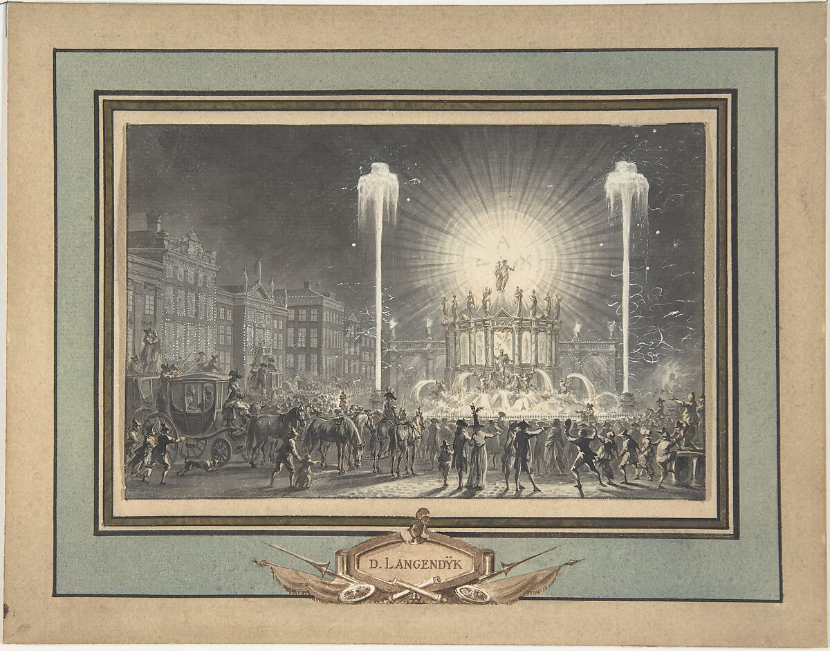 City Square with Fireworks, Dirk Langendijk (Dutch, Rotterdam 1748–1805 Rotterdam), Brush and gray ink, pen and brown ink, with white heightening