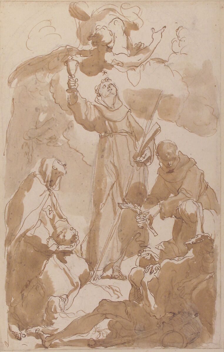 Saint Margaret of Cortona, Saint James of the March, and Saint Didacus, Attributed to Gaetano Gandolfi (Italian, San Matteo della Decima 1734–1802 Bologna), Pen and brown ink, brush and brown wash, over black chalk