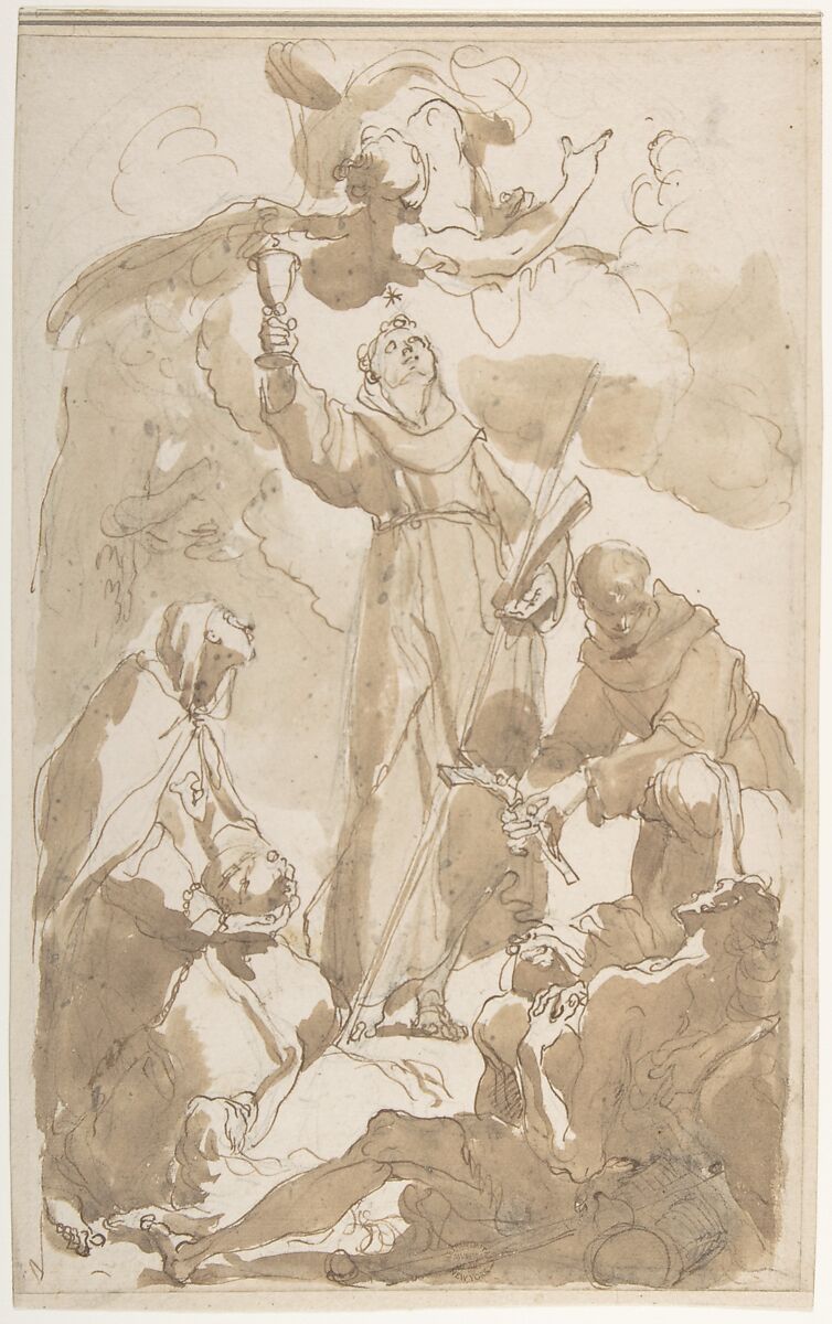 Saint Margaret of Cortona, Saint James of the March, and Saint Didacus, Attributed to Gaetano Gandolfi (Italian, San Matteo della Decima 1734–1802 Bologna), Pen and brown ink, brush and brown wash, over black chalk 