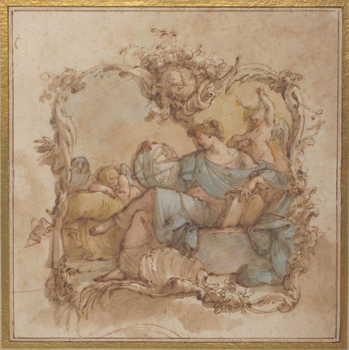 Vignette with an Allegorical Figure of Astronomy, Mauro Gandolfi (Italian, Bologna 1764–1834 Bologna), Pen and brown ink, watercolor, over black chalk; framing lines in pen and brown ink